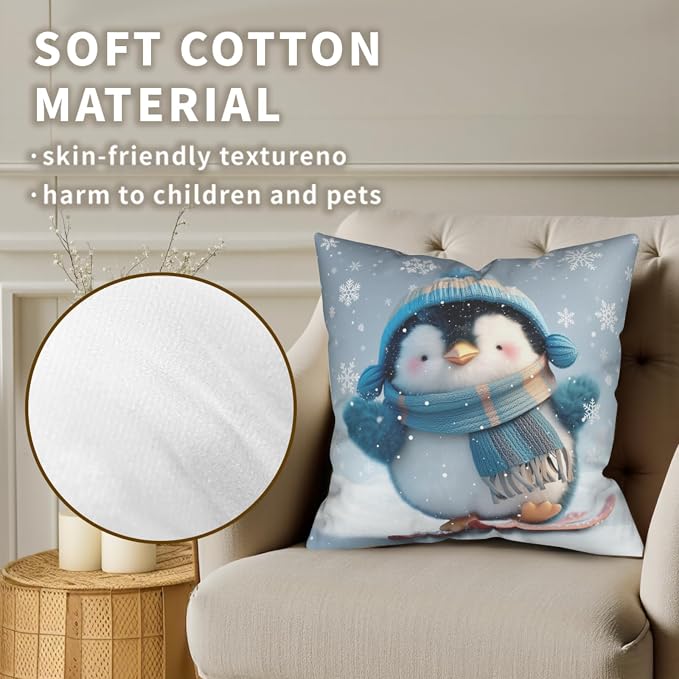 Winter Pillow Covers 22x22 Set of 2 Adorable Skiing Penguins Throw Pillow Covers Snowflakes Pillow Case Double Sided Printing Cushion Case for Home Decor Couch Sofa