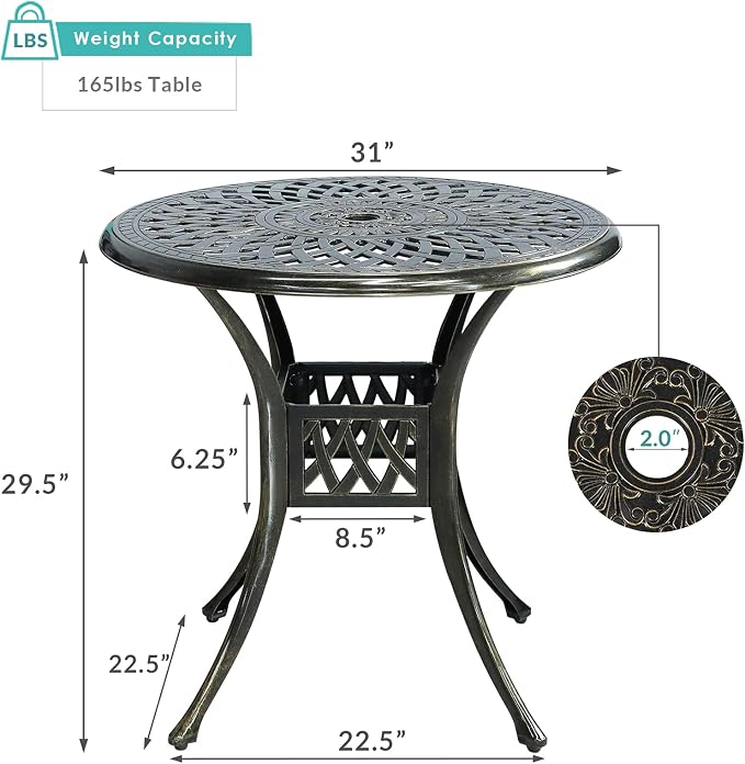 MEETWARM 31" Round Patio Bistro Table, Outdoor Cast Aluminum Small Dinning Table with 2" Umbrella Hole, Dark Bronze
