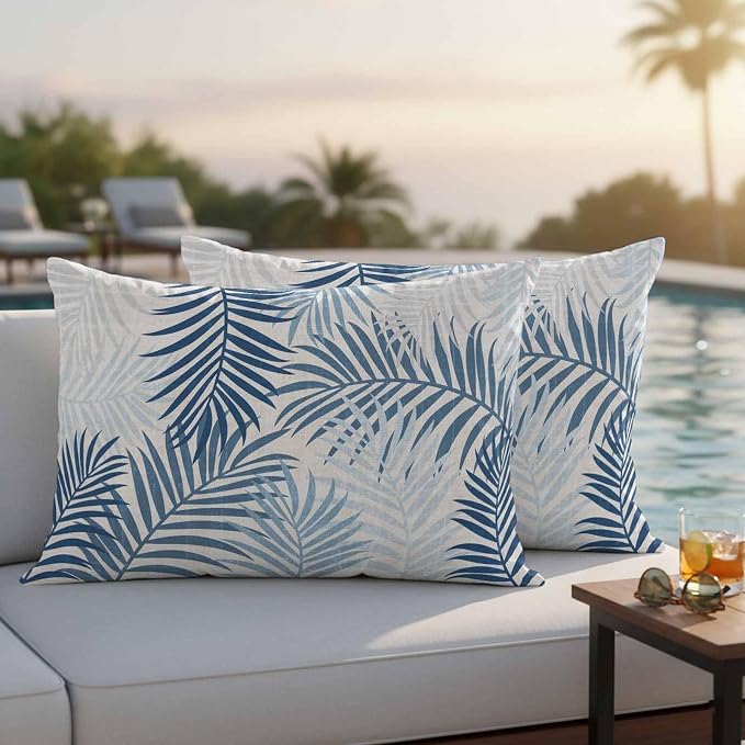 Outdoor Waterproof Throw Pillow Covers, Blue Grey Palm Leaves Decorative Pillow Cases, Summer Botanical Tropical Leaf Couch Pillow Protector Patio Sofa Cushion Covers Replacement 20"x12" 2 Pack