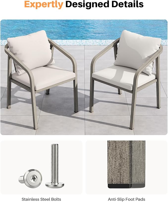 Never-Rust Aluminum Outdoor Dining Chairs Set of 2, Patio Dining Chairs with Ultra-Thick Cushion, Outdoor Patio Chairs with Wraparound Backrest and Armrest for Poolside, Porch, Deck, Gray Oak