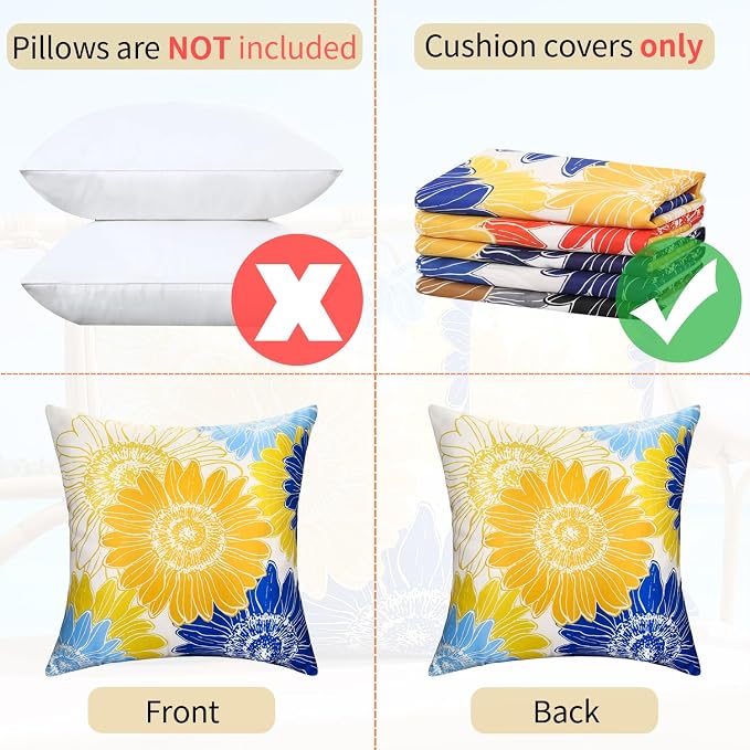 Outdoor Waterproof Floral Pillow Covers Yellow Blue Summer Decorative Throw Pillow Covers 18x18 Set of 2 Square Sunflower Garden Cushion Throw Pillowcase for Patio Furniture Garden Tent Balcony Bench
