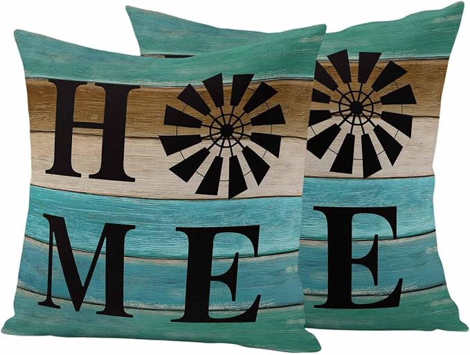Outdoor Pillow Covers Set of 2, Home Farm Retro Wood Board Decorative Throw Pillow Covers 18X18IN, Teal Gradient Wooden Throw Pillows Protector Cushion Case for Patio,Couch,Sofa,Garden