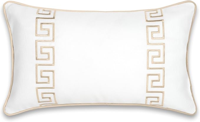 Hofdeco Premium Coastal Patio Indoor Outdoor Lumbar Pillow Cover Only, 12"x20" Water Repellent for Backyard, Couch, Neutral Tan Embroidered Greek Key with Piping