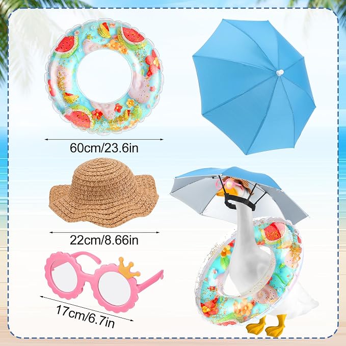 Outus Funny Summer Porch Goose Outfits Set Includes Color Swimming Ring and Umbrella Goose Porch Clothing for Outdoor Swimming Pool Garden Yard Patio Lawn Statue