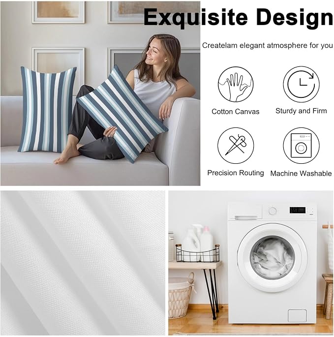 Blue Striped Outdoor Pillow Covers Waterproof, All Weather Cushion Case Set of 2, Modern Gradient Abstract Lines Aesthetic Lumbar Pillowcase for Sofa Couch Bed Decor Patio Furniture 20"x12"