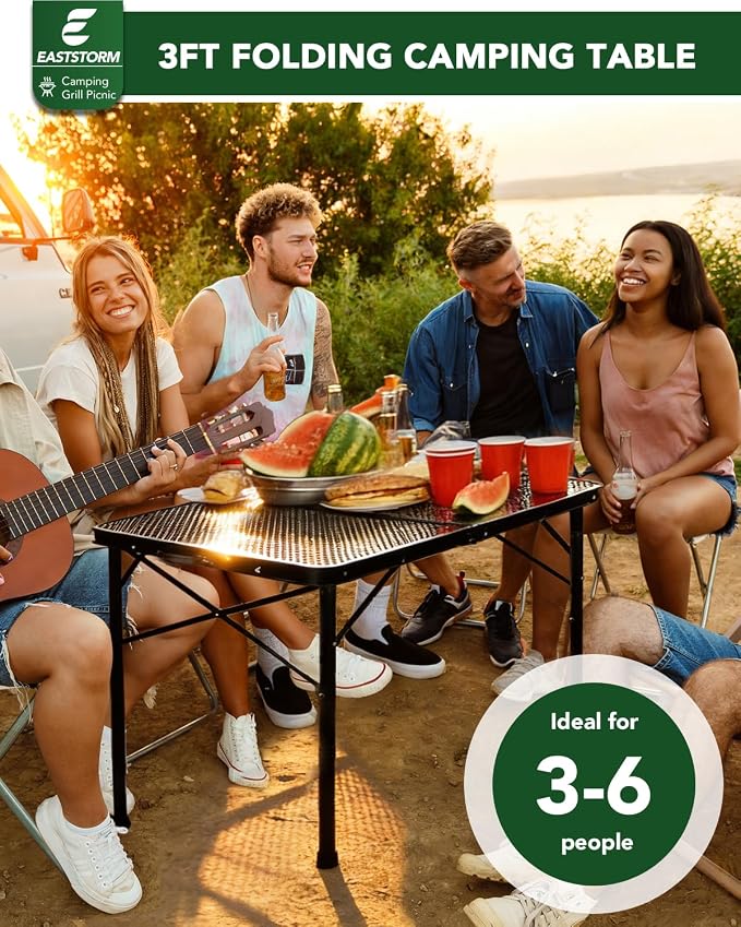 3 ft Folding Table with Adjustable Height, Camping Table with Carry Handle, Metal Mesh Table ,Portable Grill Table for Camping, Tailgating, BBQ, Picnic & Indoor, Fits 3–6 People, Supports 66 lb, Black