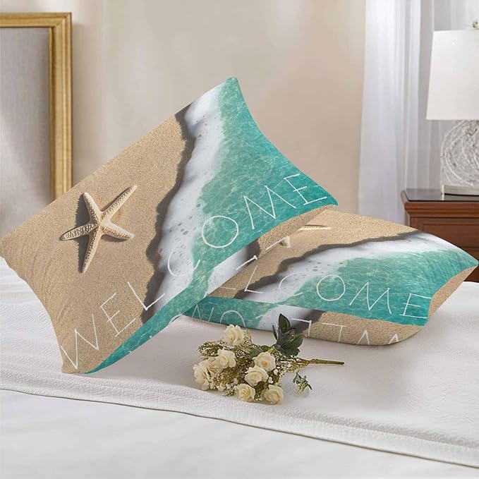 Summer Coastal Outdoor Throw Pillow Cover Ocean Starfish Shells on Beach Waterproof Cushion Covers 2 Pack Welcome Texts Pillow Cases Home Decoration for Patio Garden Couch Sofa 20x12In