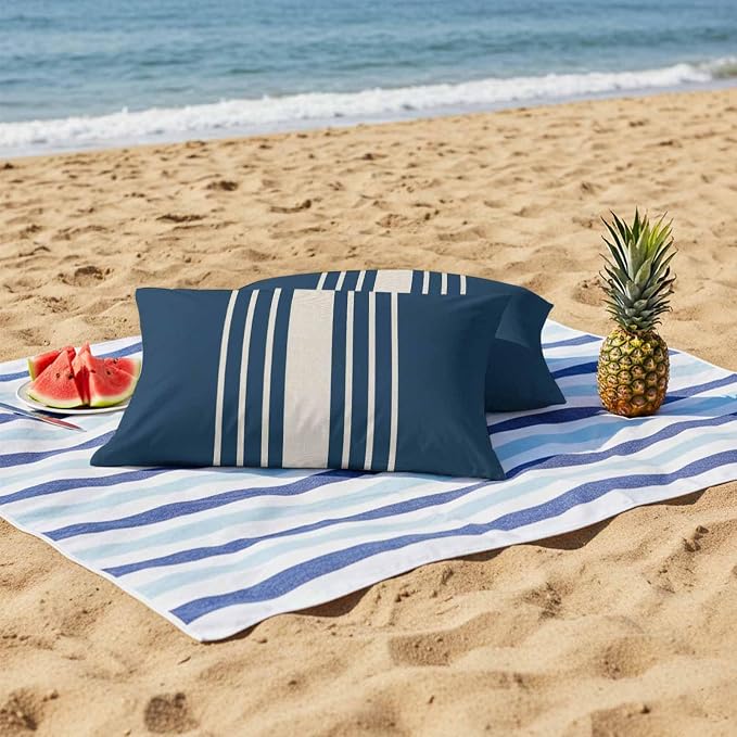 Navy Blue Beige Striped Outdoor Pillow Covers 20x12 Inch Lumbar Pillow Covers Set of 2 Waterproof Decorative Throw Pillow Cases Modern Farmhouse Retro Lines Cushion Covers for Patio Furniture Garden