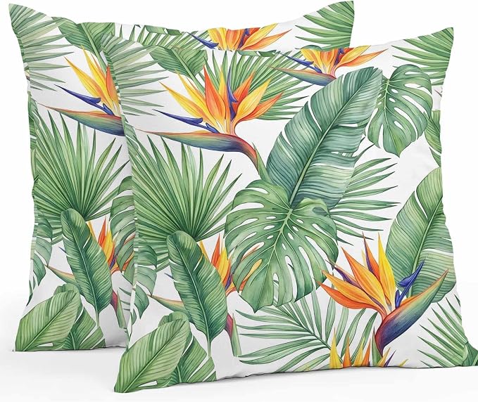 Tropical Plants Outdoor Pillow Covers 24x24 Inch Throw Pillow Covers Set of 2 Waterproof Decorative Pillow Cases Summer Palm Leaves Monstera Green Cushion Covers for Patio Furniture Garden Couch Sofa