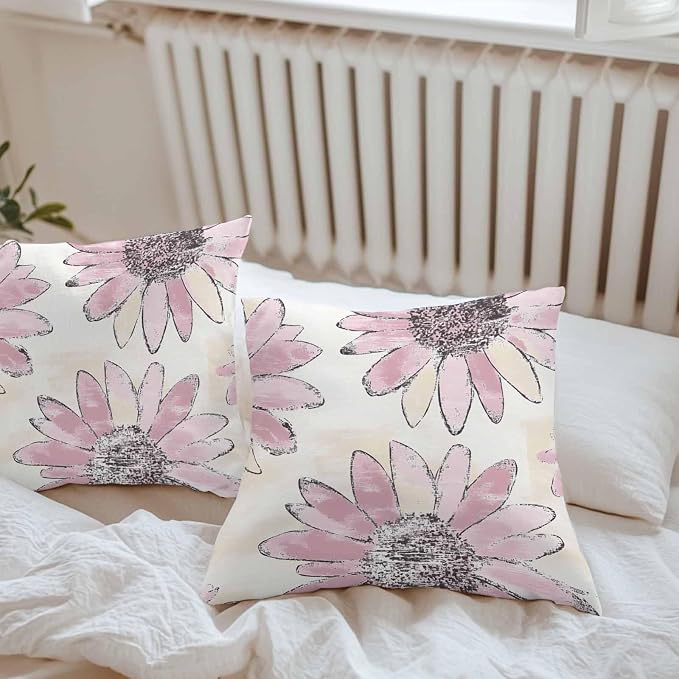 Vandarllin Outdoor Throw Pillows Covers 26x26 inch Set of 2 Waterproof Pink Sunflower Decorative Zippered Cushion Covers for Patio Furniture, Flower Field Lumbar Pillowcases