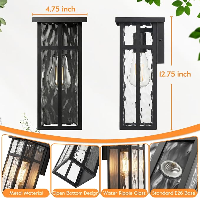Outdoor Wall Light Fixtures, Modern Black Porch Wall Lights | Waterproof Construction & Durable Metal, Rust-Resistant, Quick & Easy Installation, Ripple Glass Shades & Standard E26 Socket
