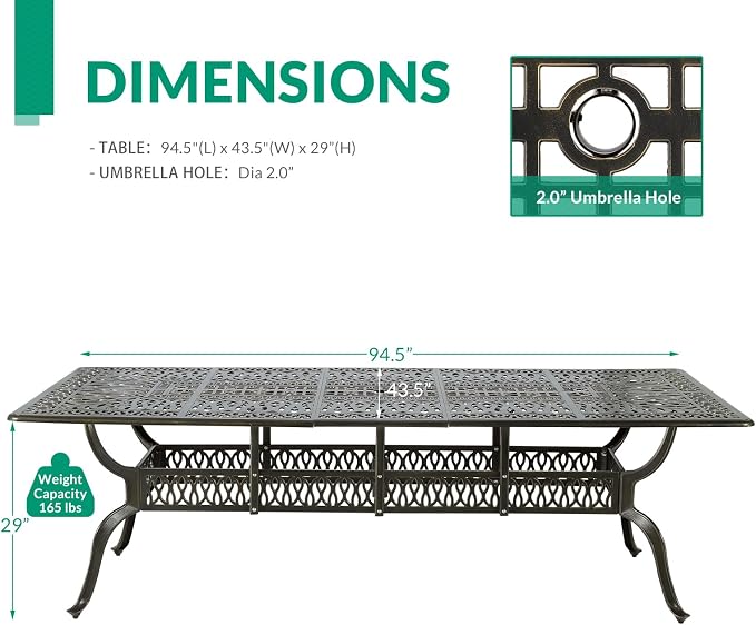VIVIJASON 94.5" Patio Dining Table for 8-10 People, Large Rectangle Cast Aluminum Dining Table with 2" Umbrella Hole, Weather-Resistant Patio Dining Table for Deck Garden Backyards, Dark Bronze