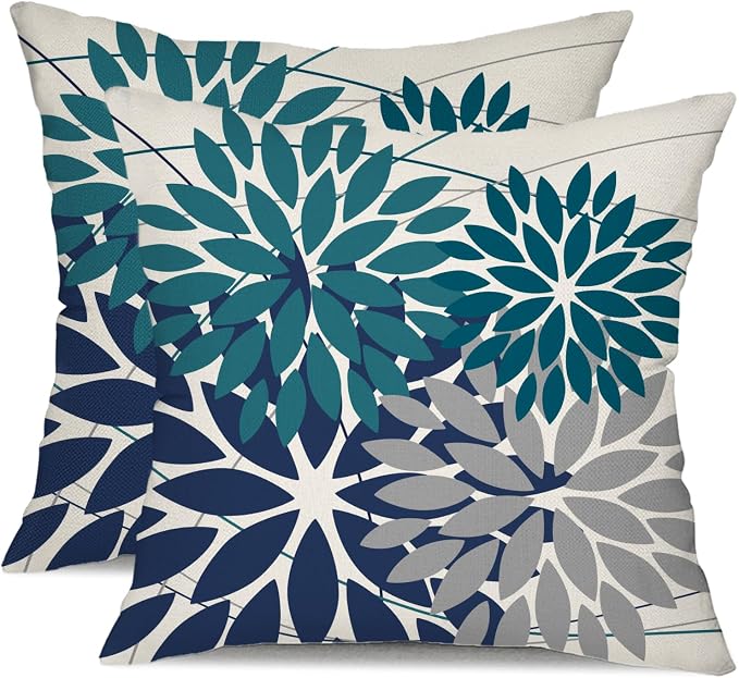DFXSZ Pack of 2 Outdoor Waterproof Throw Pillow Covers 16x16 Dark Blue Grey | Polyester Colorful Spring Summer Floral Decorative Cushion Cases(NO INSERT),For Couch Patio Funiture Garden Home Decor