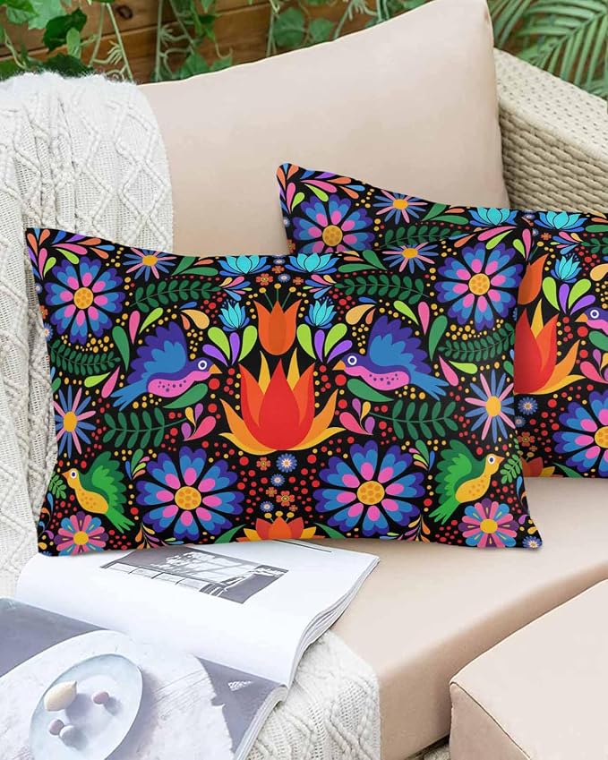 Outdoor Waterproof Throw Pillow Covers Set of 2 Colorful Mexican Floral Lumbar Pillowcases 20x12 Inches Bird Rustic Assorted Flower Decorative Pillows Cushion Case Patio Pillows for Couch Bed Chair