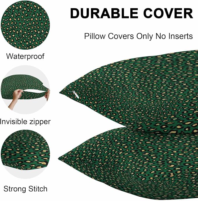 Vandarllin Outdoor Throw Pillows Covers 18x18 inch Set of 2 Waterproof Green Leopard Print Decorative Zippered Cushion Covers for Patio Furniture, Luxury Animal Fur Pattern Lumbar Pillowcases