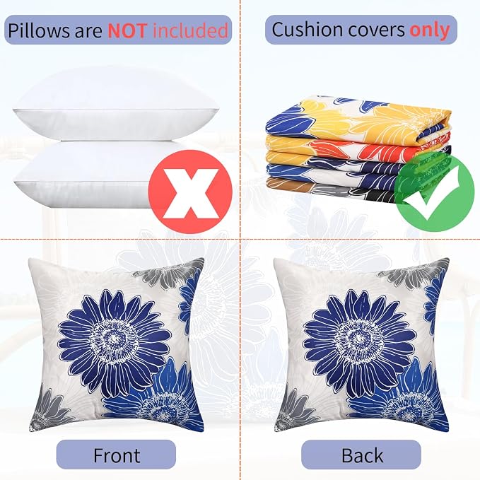 Outdoor Floral Throw Pillow Cover Blue Grey Sunflower Decorative Accent Pillows 16x16 Set of 2 Pillow Covers Waterproof Square Farmhouse Couch Pillow Covers for Living Room Sofa Patio Furniture Garden