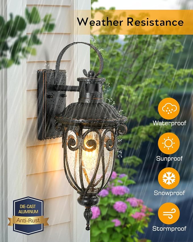 VIANIS Motion Sensor Outdoor Lights, Dusk to Dawn Outdoor Motion Sensor Light, 2 Pack Exterior Lighting Fixtures with Seed Glass,Black Outside Lights for House, Garage, Front Porch, Anti-Rust