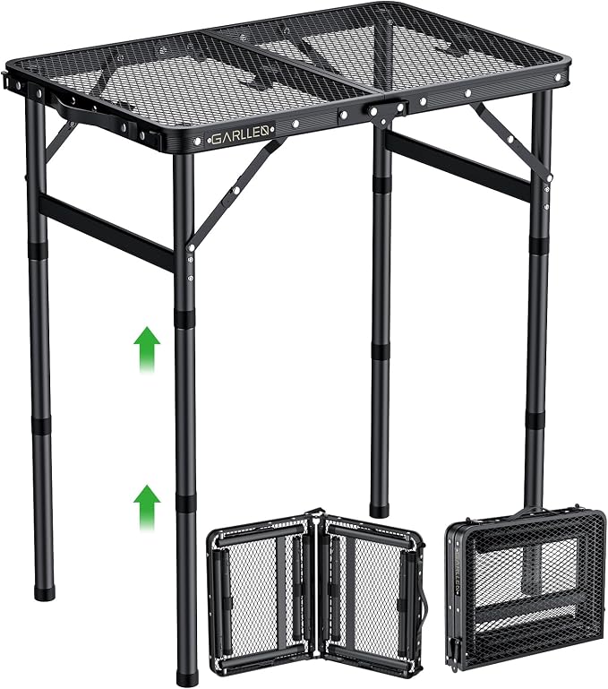 GARLLEN 2ft Folding Grill Table Max Capacity 66lbs, 3-Height Adjustable Folding Camping Table with Heat-Resistant Mesh Tabletop, Portable Aluminum Picnic Tables for BBQ, Outdoor, 22.8" L x 15.7" W