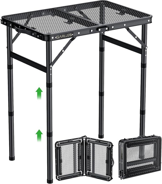 GARLLEN 2ft Folding Grill Table Max Capacity 66lbs, 3-Height Adjustable Folding Camping Table with Heat-Resistant Mesh Tabletop, Portable Aluminum Picnic Tables for BBQ, Outdoor, 22.8" L x 15.7" W