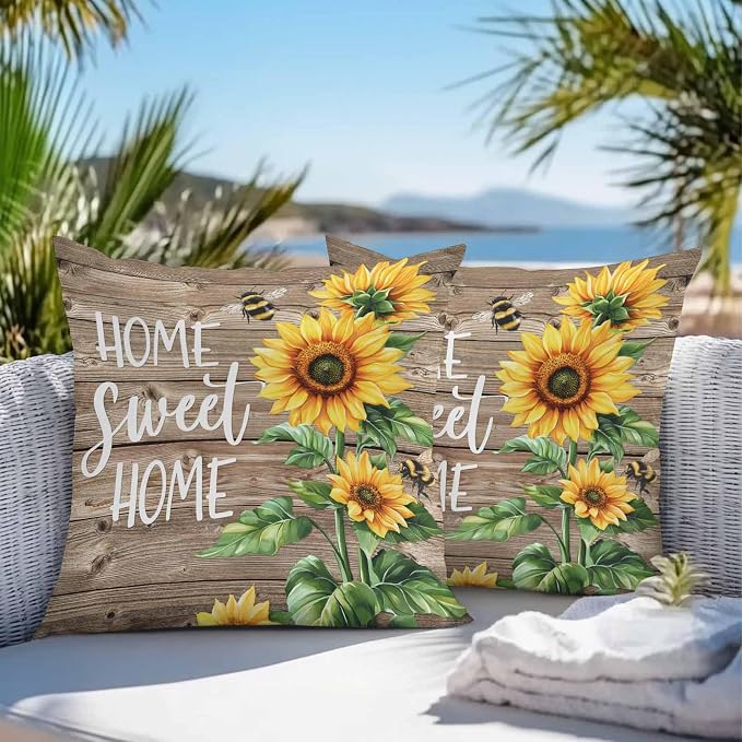 Throw Pillow Covers 26x26 Inch Set of 2, Sunflower Brown Waterproof Outdoor Pillow Covers, Farmhouse Bee Country Wooden Grain Decorative Cushion Pillowcases for Couch, Sofa, Bed, Garden, Patio