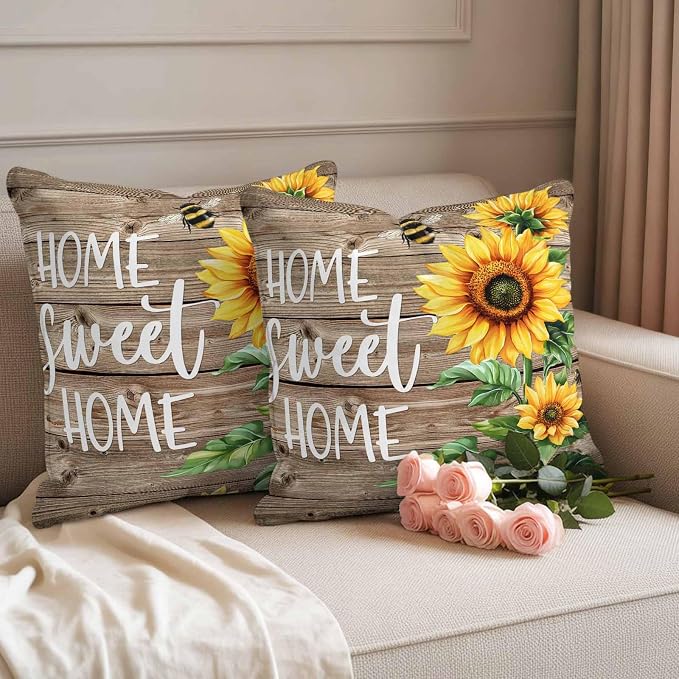 Throw Pillow Covers 26x26 Inch Set of 2, Sunflower Brown Waterproof Outdoor Pillow Covers, Farmhouse Bee Country Wooden Grain Decorative Cushion Pillowcases for Couch, Sofa, Bed, Garden, Patio