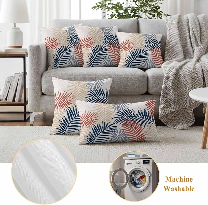 Outdoor Waterproof Throw Pillow Covers, Red Blue Yellow Palm Leaves Decorative Pillow Cases, Summer Botanical Tropical Leaf Couch Pillow Protector Patio Sofa Cushion Covers Replacement 24"x24" 2 Pack