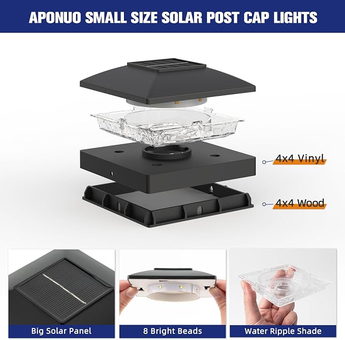 APONUO Solar Post Cap Lights for 4x4 Posts - IP64 Waterproof, 6500K LED, No-Wire Fence Lights & Deck Lights for Patio Garden Yard Patio, Black-Cool White, 8 Pack