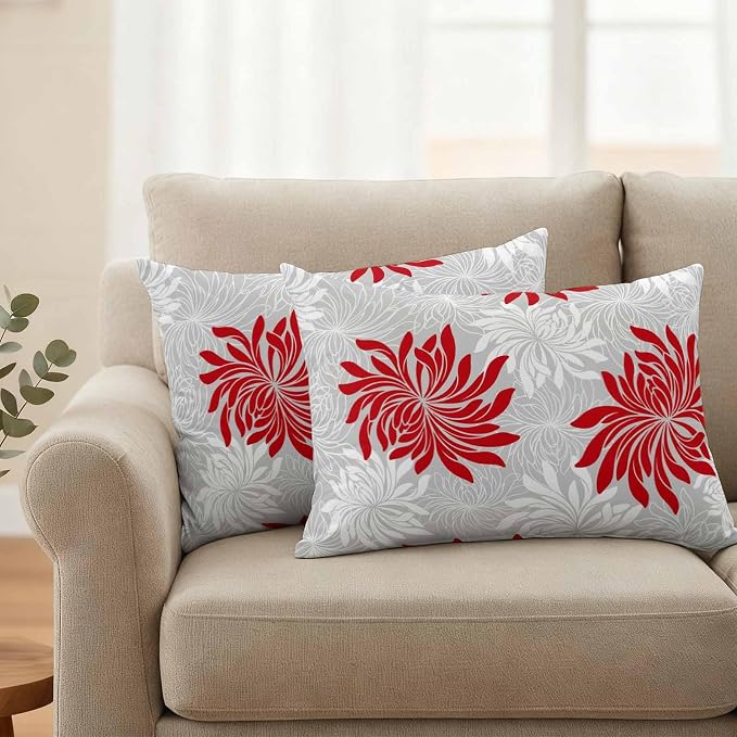 Red Grey Floral Outdoor Pillow Covers Set of 2 Vintage Red White Grey Flower Waterproof Throw Pillow Cover Decorative Cushion Cases for Patio Porch Garden 20X12 Inch