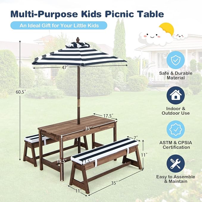 HONEY JOY Kids Picnic Table, Outdoor Wooden Table & Bench Set w/Removable Cushions and Umbrella, Stripe Fabric, Children Backyard Furniture for Patio Garden, Gift for Toddler Boys Girls Age 3+(Blue)