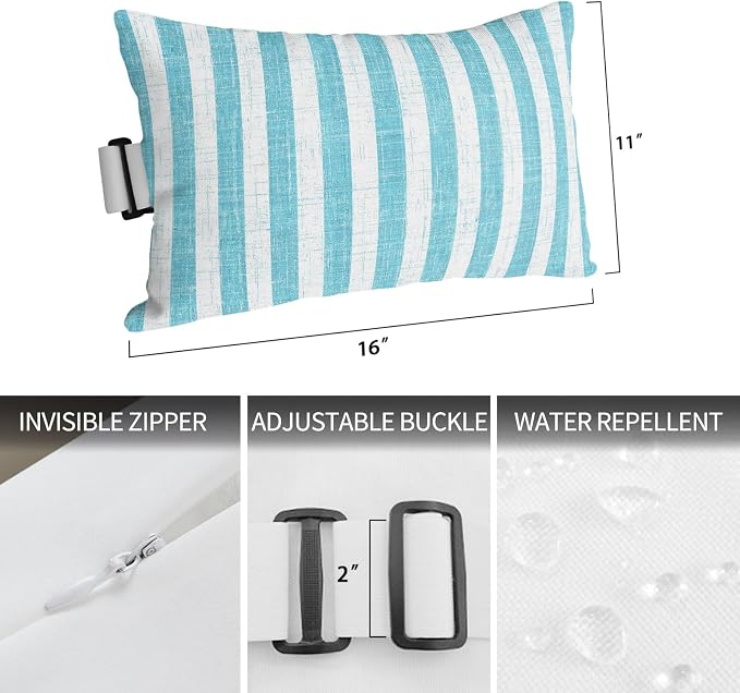 Outdoor Pillows with Insert 2 Pack-11"x16" Teal Stripes Head Pillow for Pool Lounger and Office Chair Modern Farmhouse Linen Texture Lumbar Pillow with Adjustable Strap