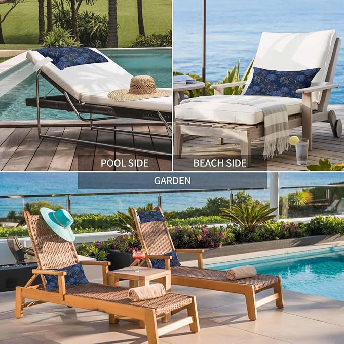 Outdoor Lumbar Pillow Set of 1, Navy Blue Golden Flowers Waterproof Beach Headrest Pillow with Inserts, Vintage Elegant Floral Botanical Recliner Throw Pillows for Patio Furniture, 12 x 20