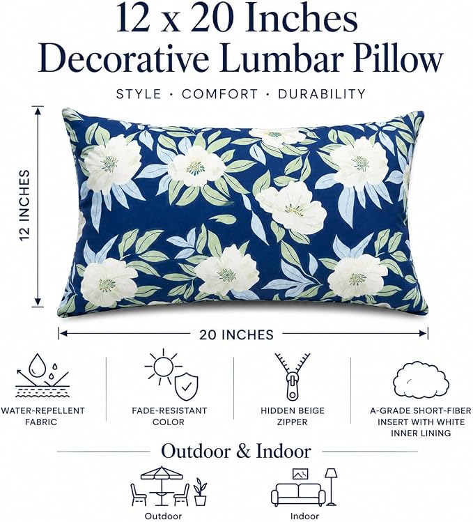 Pack of 2 Patio Lumbar Pillows 12"x20" | Fade Resistant Outdoor Waterproof Lumbar Pillow with Inners Decorative Garden Lumbar Cushions for Home Patio Terrace Sofa