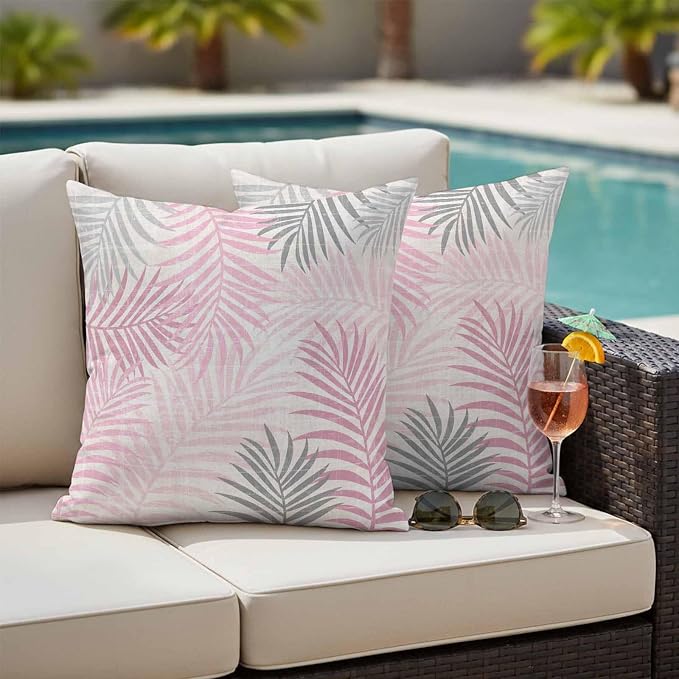 Outdoor Waterproof Throw Pillow Covers, Pink Grey Palm Leaves Decorative Pillow Cases, Summer Botanical Tropical Leaf Couch Pillow Protector Patio Sofa Cushion Covers Replacement 18"x18" 2 Pack
