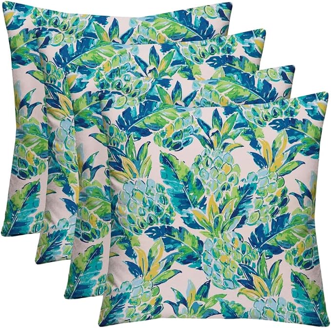 RSH DECOR Square Throw Pillows Set of 4, 17" x 17", Outdoor Pillows Waterproof, Outdoor Pillow Covers, Pillow Covers for Couch, Vida Opal Blue Pineapple Made in USA
