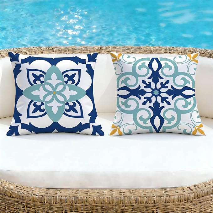 NIGHTWISH Outdoor Waterproof Pillow Covers 20x20 Set of 4 Teal Boho Decorative Outdoor Throw Pillows Floral Cushion Cases for Patio Furniture Bench Couch Sunbrella