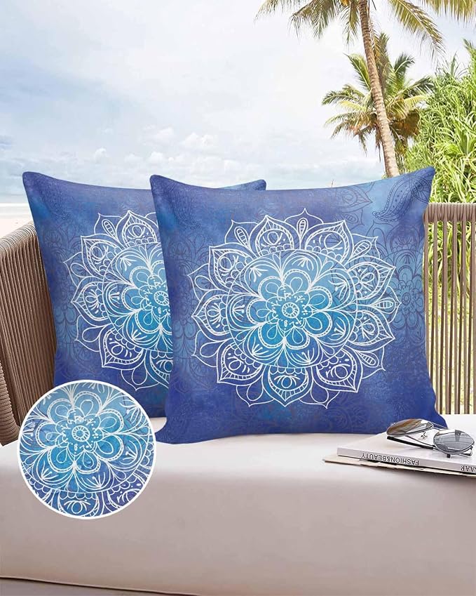 Vandarllin Outdoor Throw Pillows Covers 26x26 inch Set of 2 Waterproof Blue Boho Floral Decorative Zippered Cushion Covers for Patio Furniture, Bohemian Flower Lumbar Pillowcases