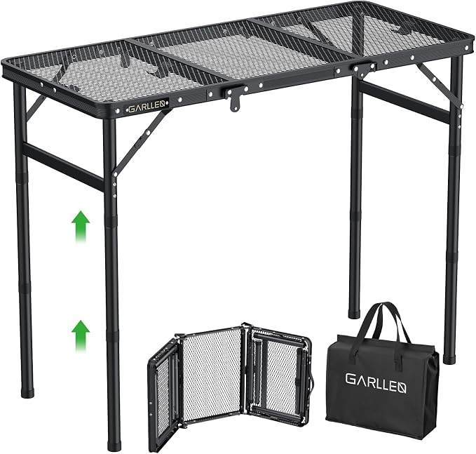 GARLLEN Folding Grill Table Max Capacity 66lbs, 3 Adjustable Height Portable Folding Camping Table with Heat-Resistant Mesh Tabletop, Aluminum Picnic Table for Outdoor, BBQ, Camping, 34.2"L x 15.7"W