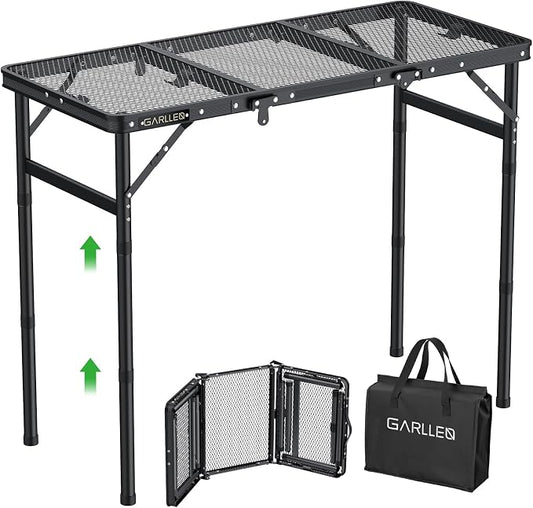 GARLLEN Folding Grill Table Max Capacity 66lbs, 3 Adjustable Height Portable Folding Camping Table with Heat-Resistant Mesh Tabletop, Aluminum Picnic Table for Outdoor, BBQ, Camping, 34.2"L x 15.7"W