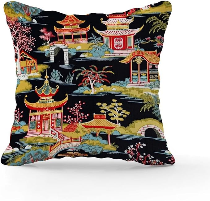 Throw Pillow Covers Chinoiserie Charcoal Coral Pagoda Asian Pillow Covers Modern Chinoiserie Chic Asian Pillow Cover Accent Decorative Cushion Covers Home Decor for Bed Chair Car 22x22 in