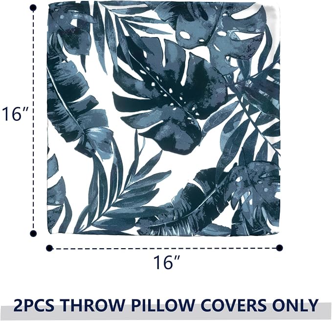 Outdoor Throw Pillow Covers 16x16 Inch, Square Patio Pillow Cases Pack of 2, Modern Decorative Back Cushion Covers for Patio Furniture Garden Couch Farmhouse, Palm Blue