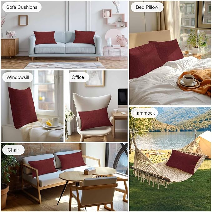 Vandarllin Outdoor Throw Pillows Covers 20x12 inch Set of 2 Waterproof Wine Red Linen Decorative Zippered Cushion Covers for Patio Furniture, Farmhouse Pure Color Lumbar Pillowcases
