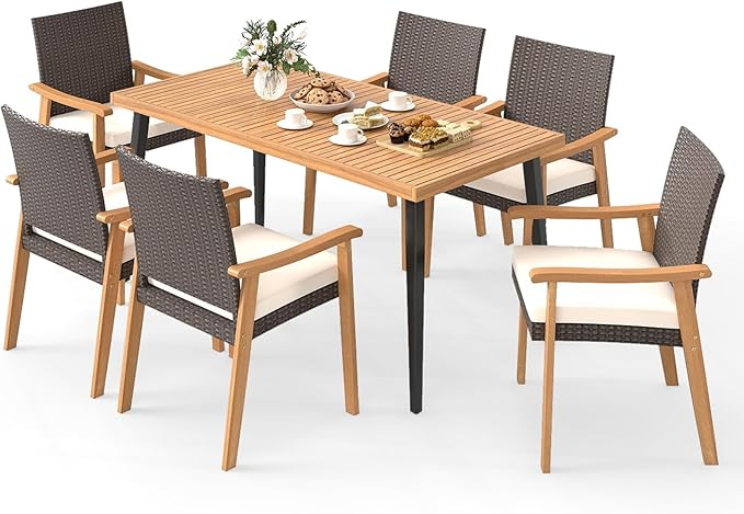Tangkula 7 Pieces Patio Dining Table Set, Outdoor Rectangular Acacia Wood Table with 1.97” Umbrella Hole & 6 Cushioned Armchairs, for Garden, Deck, Yard