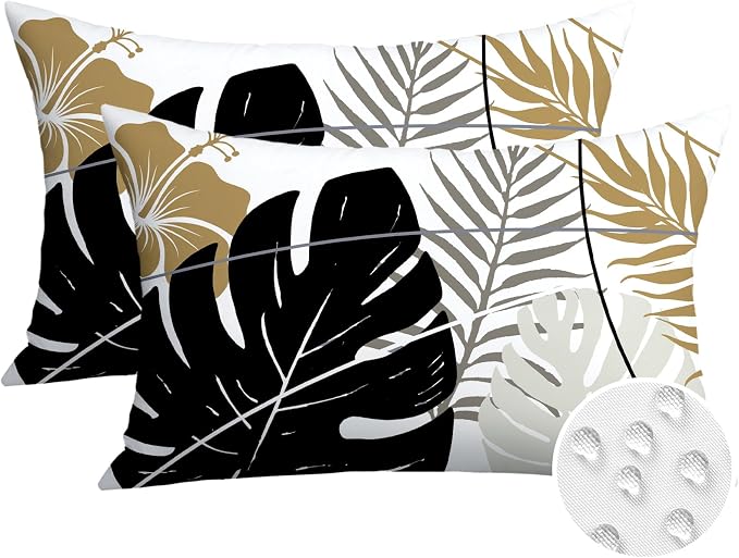 OTOSTAR Outdoor Waterproof Throw Pillow Covers 16x24 Inch Set of 2 Double-Sided Black Brown Grey Tropical Leaf and Flower Spring Summer Decorative Pillow Cases for Patio Funiture Garden Balcony Couch