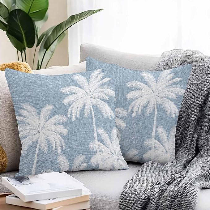 Outdoor Pillow Covers 20x20 Inch Set of 2, Light Blue Palm Trees Waterproof Throw Pillow Covers, Farmhouse Tropical Summer Beach Decorative Cushion Pillowcases for Couch, Sofa, Bed, Garden, Patio