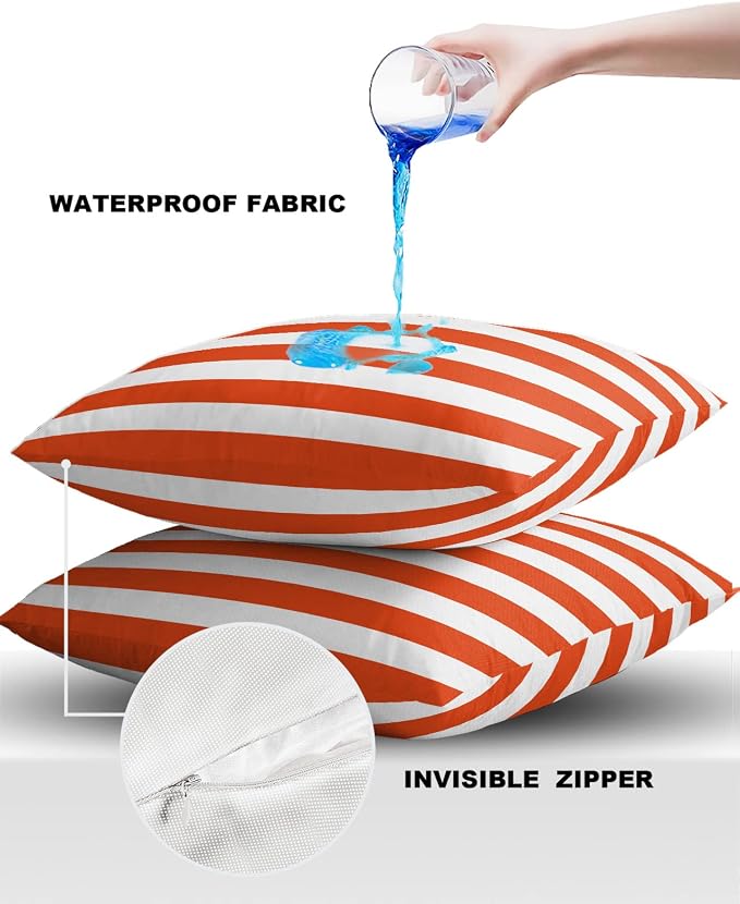 Outdoor Waterproof Pillow Covers for Patio Furniture Orange and White Stripes Decorative Throw Pillow Cover Solid Striped Pillowcases Set of 2 Cushion Case for Sofa Couch Chair 16 x 16 in
