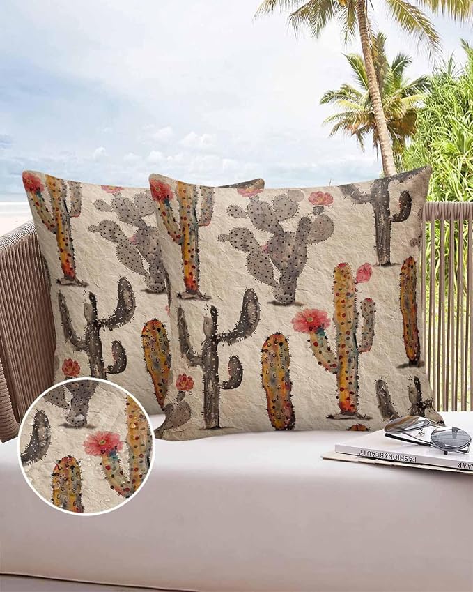 Vandarllin Outdoor Throw Pillows Covers 18x18 inch Set of 2 Waterproof Watercolor Cactus Decorative Zippered Cushion Covers for Patio Furniture, Abstract Floral Desert Lumbar Pillowcases