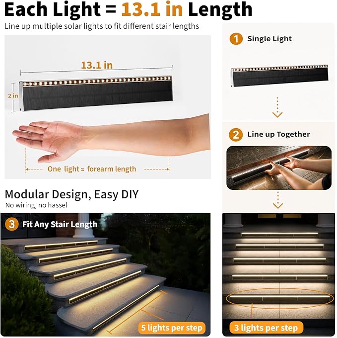 SHONELIGHTING Solar Step Lights Outside, 33 Focused LEDs, Stair Light, 1PK | Downward Lighting, High Brightness, Modular, Waterproof Aluminum, Risers, Deck, Curbsides, Planter Edges, Warm White, 3000K
