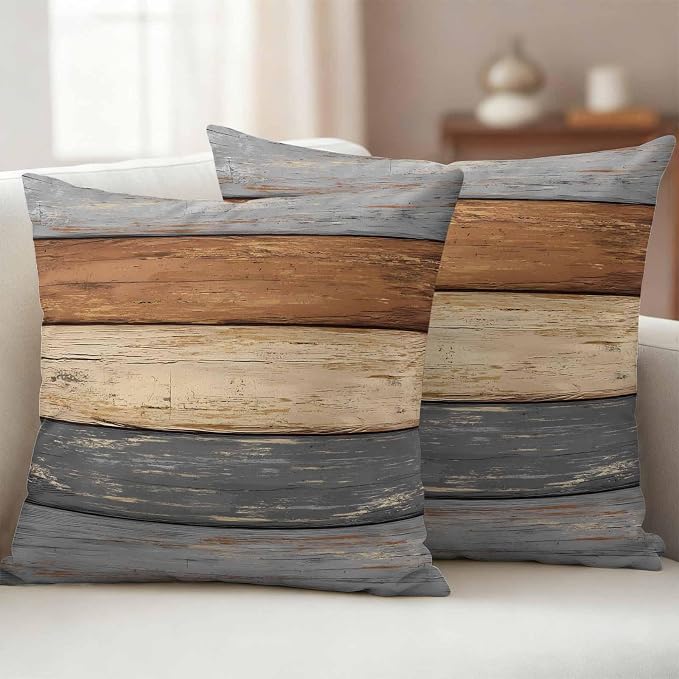 Farmhouse Haze Blue Brown Outdoor Waterproof Pillow Covers, Vintage Wooden Striped Decorative Square Throw Pillowcase Sofa Cushion Sham for Patio/Couch/Chair, 18"x18" 2 Pack