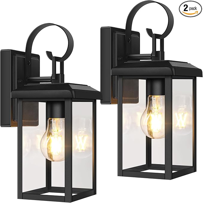 BesLowe 2-Pack Outdoor Wall Light Fixtures, Modern Porch Sconces, Black | Waterproof, Rust-Resistant, Durable Metal with Clear Glass, Standard E26 Socket, Easy to Install