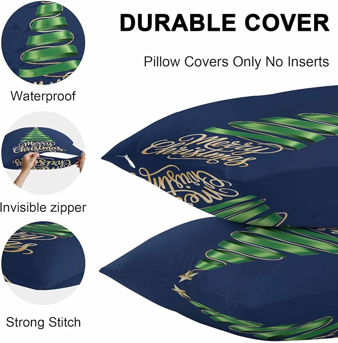 Navy Blue Christmas Tree Outdoor Pillow Covers 16 x 16 Inches, Green Xmas Tree with Star Waterproof Throw Pillow Cover Set of 2, Christmas Blue Decorative Square Cushion Covers for Patio/Couch